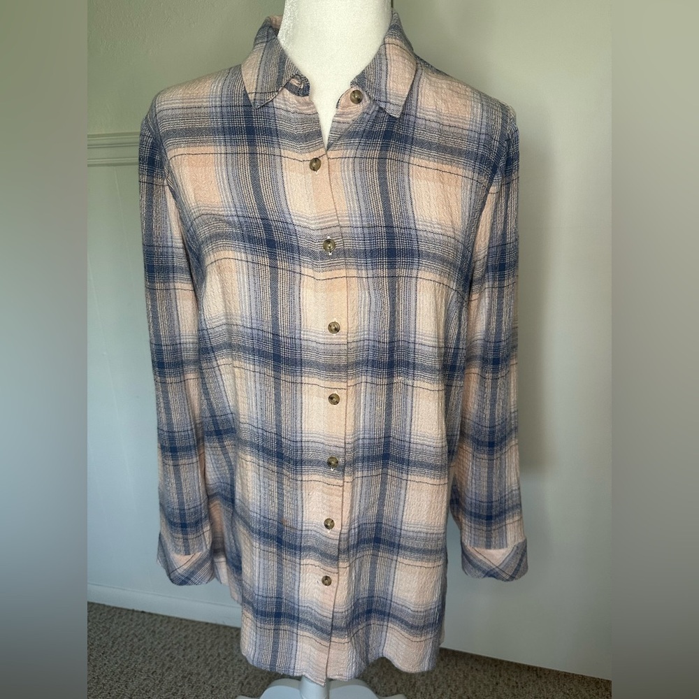 J. Jill Pink Plaid Button down Casual Preppy Crinkled Shirt Top size S